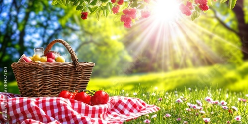 Idyllic Summer Picnic: A Wicker Basket Full of Fresh Fruits on a Red Checkered Blanket Under the Sun's Warm Rays, Generative AI