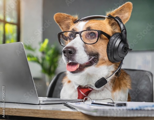 Generated image dog wearing headset and working in the office