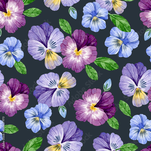 Watercolor colorful pansy with leaves seamless pattern on dark background