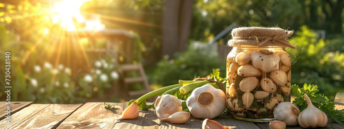 canning garlic on a wooden table in nature