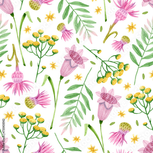 Watercolor bluebells, knapweed and yarrow flowers seamless pattern photo
