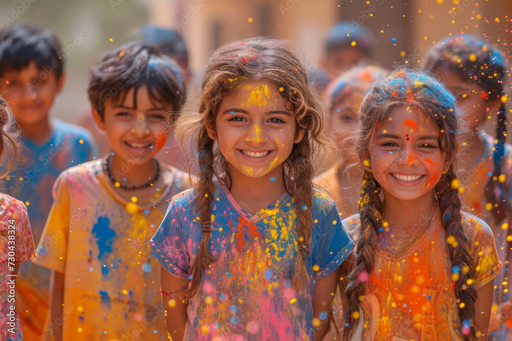 Holi celebrations in a school setting, with students and teachers engaging in cultural performances, art, and educational activities. Concept of festive school events. Generative Ai.