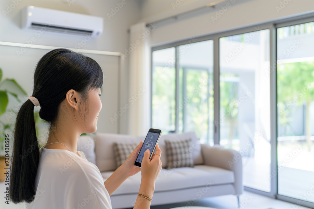 Modern living concept with an Asian woman adjusting air conditioning using a smartphone app indoors.
Modern living concept with an Asian woman adjusting air conditioning using a smartphone app indoors.