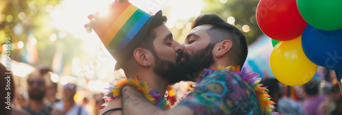 Close-up of gay male couple kissing while celebrating LGBTQ+ rights at pride festival in the city. Homosexual love. AI generated