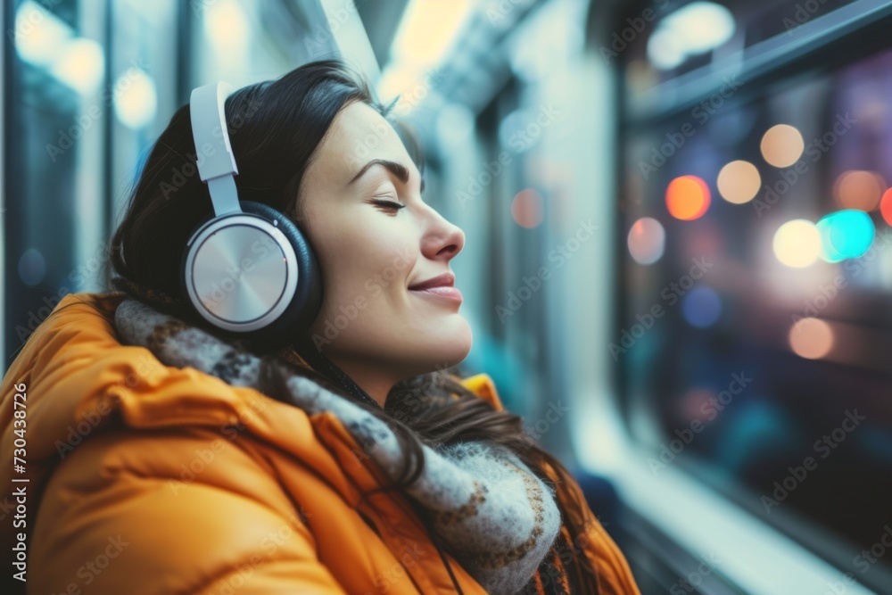 Smiling Woman on Subway with Headphones Smiling Woman on Subway with Headphones