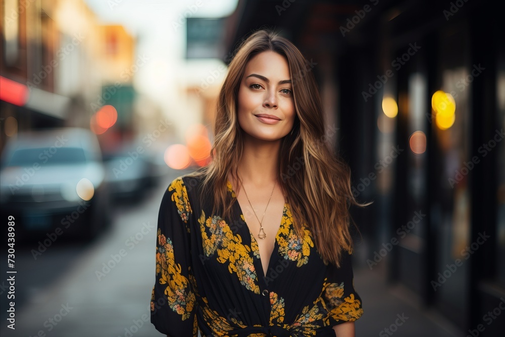 Portrait of a beautiful young woman on the background of the city.