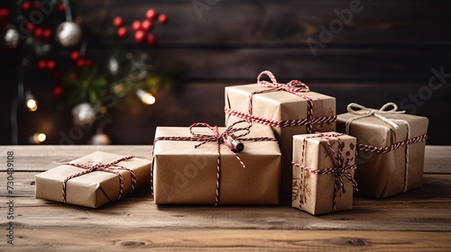 Gift packaging in an environmentally friendly way with undyed wrapping paper and natural cord photo