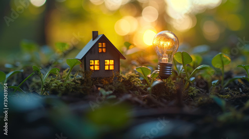 Small house model and light bulb on the ground for real estate idea concept , eco design , green electricity energy background