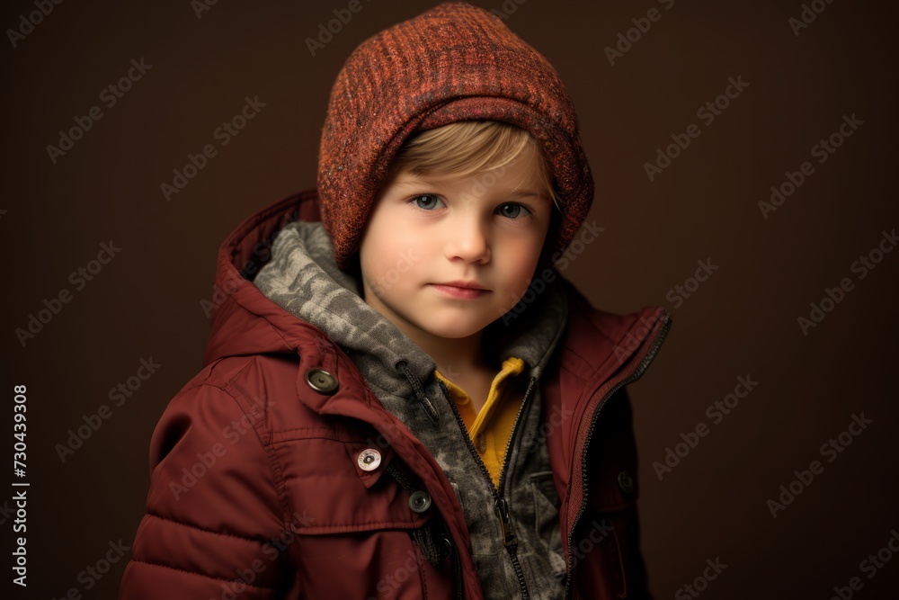 A portrait of a cute little boy in a warm jacket and hat. Winter fashion for children. A portrait of a cute little boy in a warm jacket and hat. Winter fashion for children.