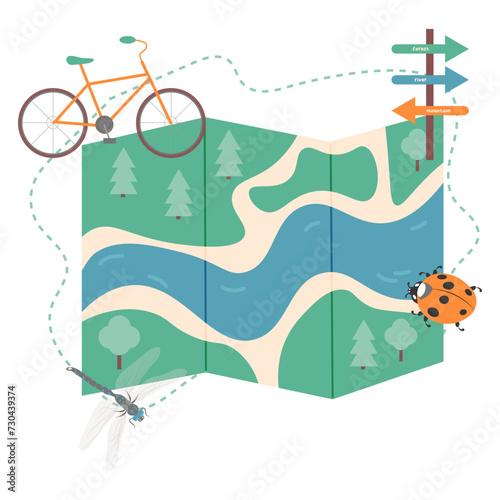 ecotourism banner. cycling through forest. vector. Bicycle tourism.