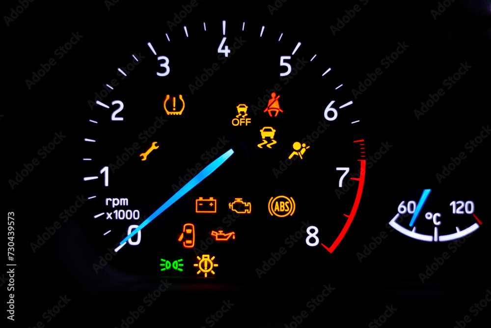 Alert-Filled Car Dashboard in Vivid Detail Alert-Filled Car Dashboard in Vivid Detail