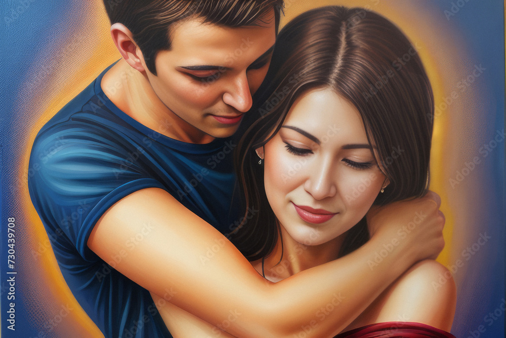 Oil painting illustration of a lovers couple hugging on background with hearts. Generative AI. Oil painting illustration of a lovers couple hugging on background with hearts. Generative AI.