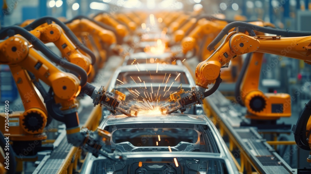 Robotic Arms Assembling Cars in Modern Factory