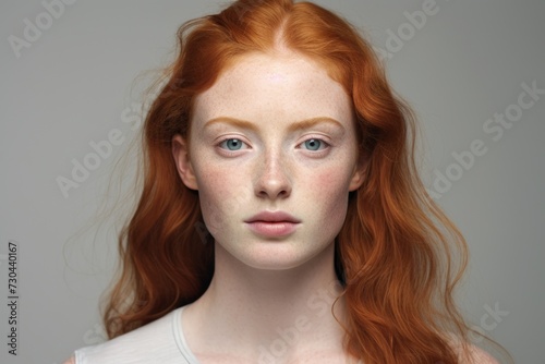 Beautiful redhead freckled girl close up portrait. Studio shot.