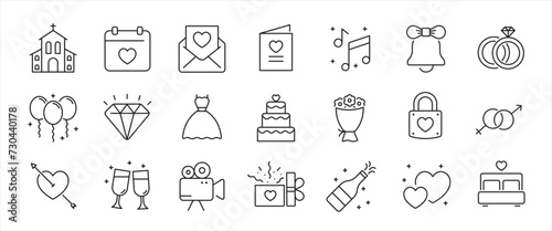 Wedding minimal thin line icons. Related love, merried, marriage, invitation. Editable stroke. Vector illustration.