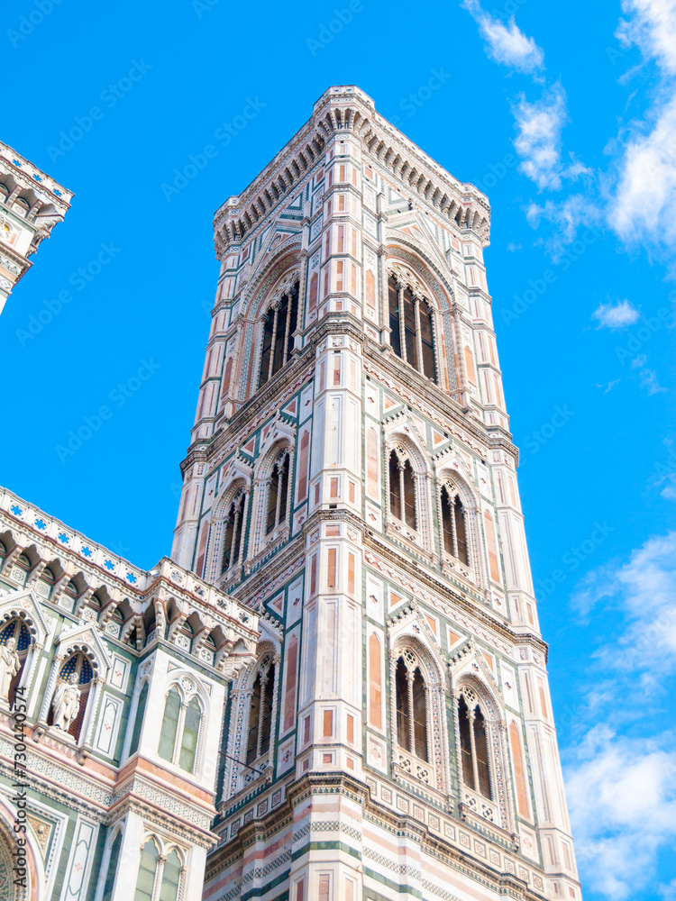 Bell tower of Catherdal, Cattedrale di Santa Maria del Fiore or Il Duomo di Firenze, with ornamental mosaic, Firenze, Tuscany, Italy