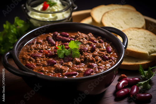 Pot with chili con carne, tasty pot with chili, eatinng chili con carne, chili con carne pot
