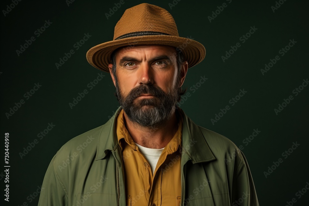 Portrait of a bearded man in a hat and a jacket. Portrait of a bearded man in a hat and a jacket.