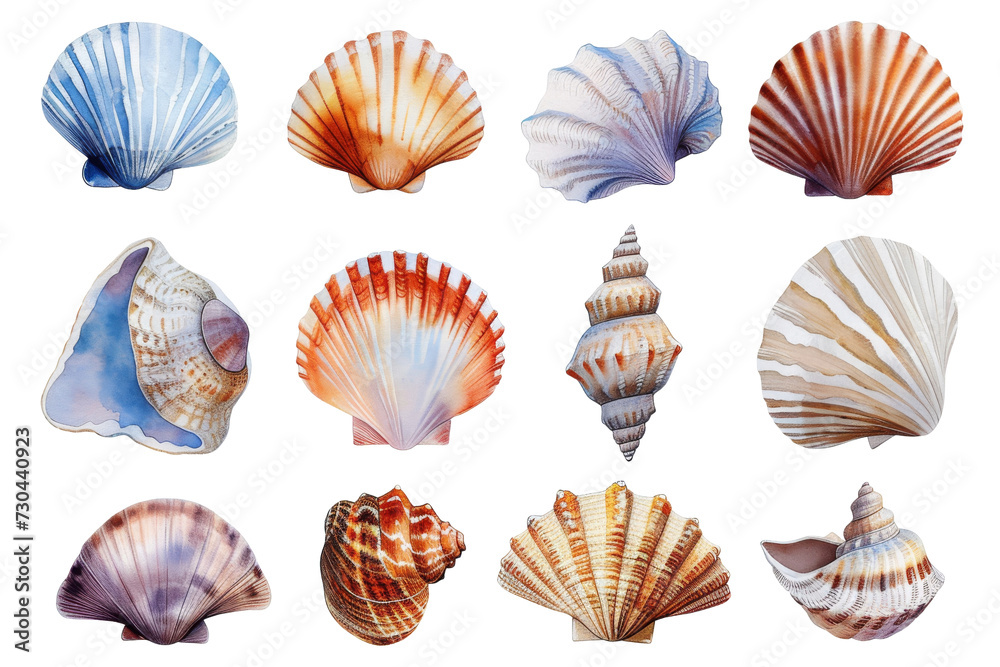 Watercolor set of different seashells isolated transparent background. PNG Format. Watercolor set of different seashells isolated transparent background. PNG Format.