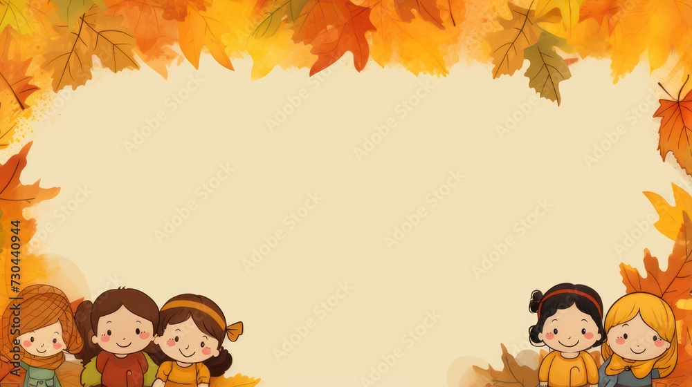 Greeting card template with autumn theme, children's illustrations, with blank copy space for text.
Greeting card template with autumn theme, children's illustrations, with blank copy space for text.