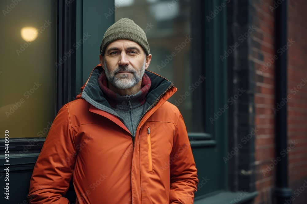 Portrait of a middle-aged man with a beard in an orange jacket and a knitted cap.