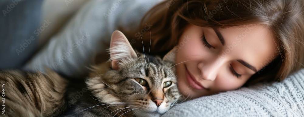 Woman Laying on Bed With cat owner