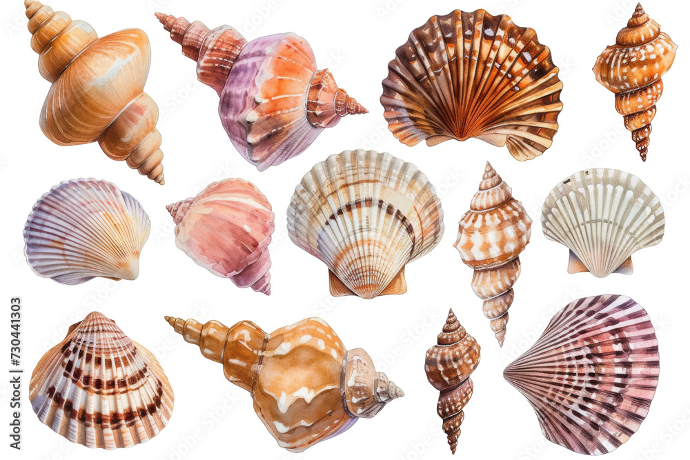 Watercolor set of different seashells isolated transparent background. PNG Format. Watercolor set of different seashells isolated transparent background. PNG Format.