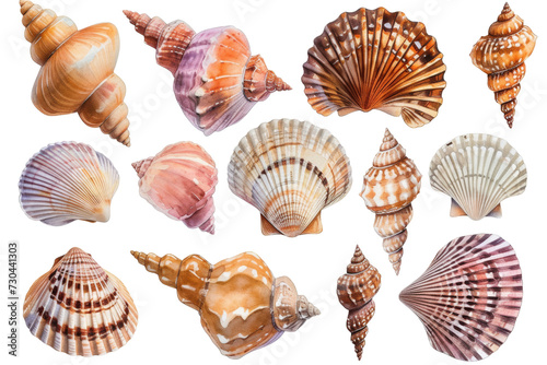 Watercolor set of different seashells isolated transparent background. PNG Format.