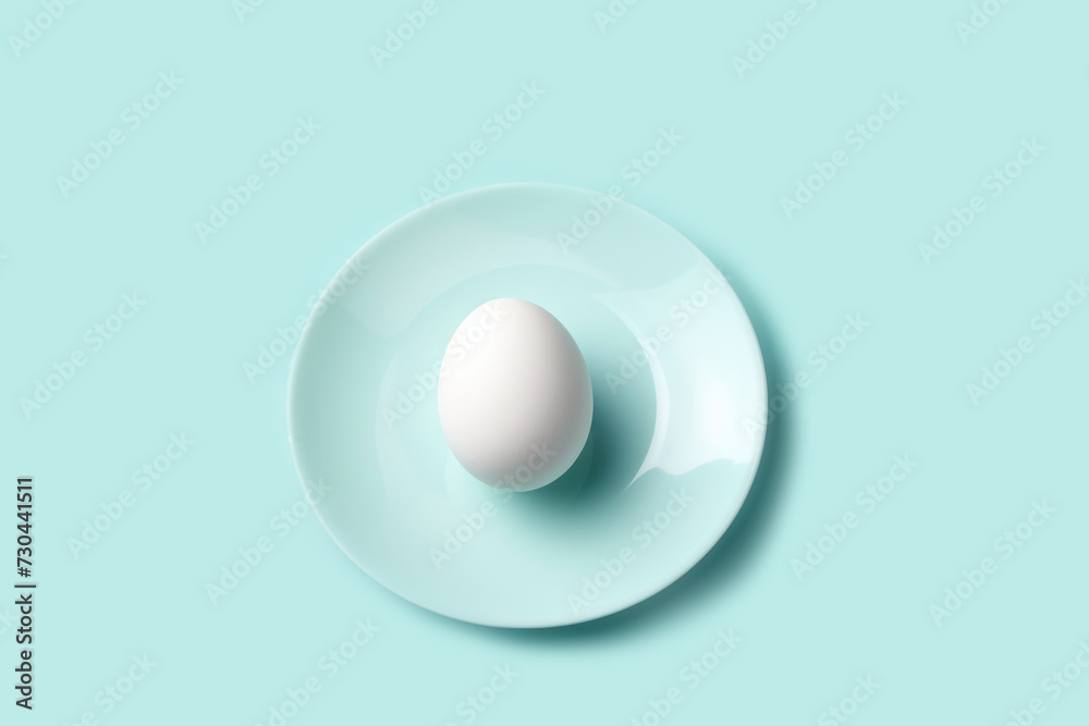 Table setting single white egg centered on a pastel blue plate, embodying minimalistic design and Easter simplicity. Greeting card for spring and Easter projects. Table setting single white egg centered on a pastel blue plate, embodying minimalistic design and Easter simplicity. Greeting card for spring and Easter projects.