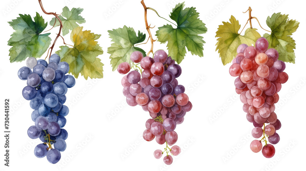 Obraz premium Watercolor set of grapes and vine leaves isolated transparent background. PNG Format.