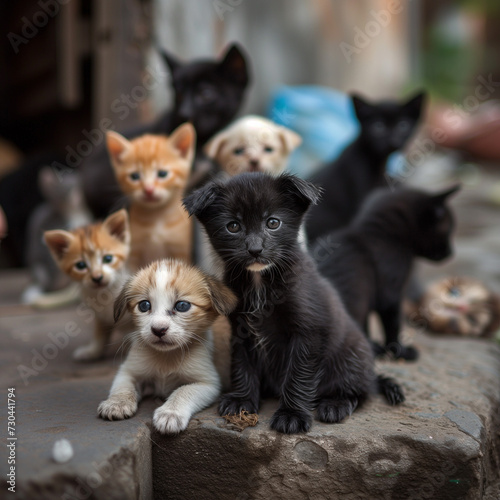 Adorable Group of Puppies and Kittens Outdoors © HustlePlayground