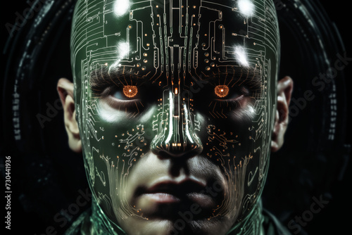 portrait of a man with holography pattern on his face and lights on a dark background  cybernetics  science fiction concept and cyber art