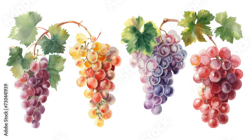 Watercolor set of grapes and vine leaves isolated transparent background. PNG Format.