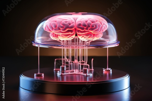 a pink brain connected to printed circuit board, bioelectronic computer artificial intelligence, dark background, bioluminescence