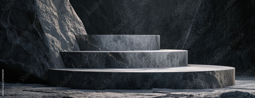 Black and White Photo of Staircase stone podium display product Black and White Photo of Staircase stone podium display product