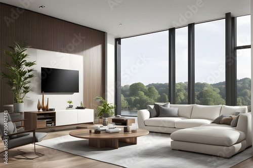 Modern living room with white couch  coffee table  furniture  and big window.
