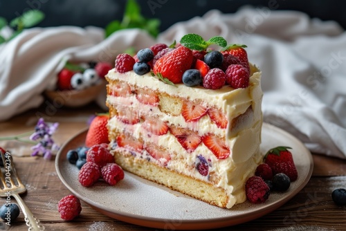 Piece of Cake on Plate With Berries