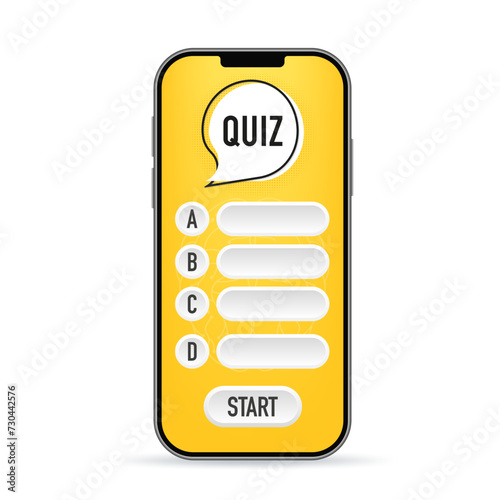 Quiz online game interface on the smartphone screen. UI smartphone application design. Answer the question mark. Examination test and answers for a TV show. Chat quiz think. Vector illustration