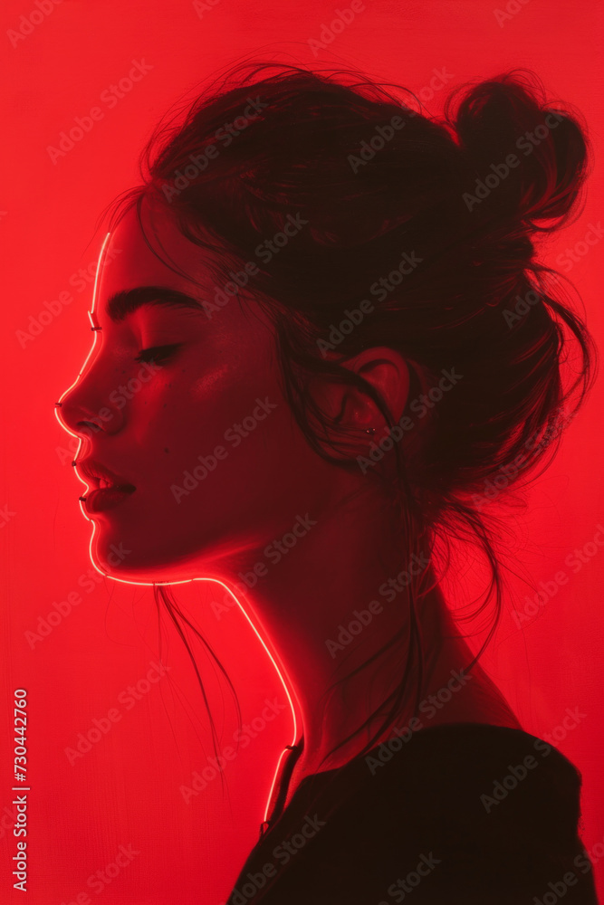 Young female model with red neon lights surrounding her face, isolated against a dark background.