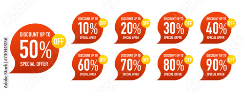 Special offer discount label with different sales percentage. 10, 20, 30, 40, 50, 60, 70, 80, 90 percent discount promotion icon logo design. Discount promotion. Vector illustration