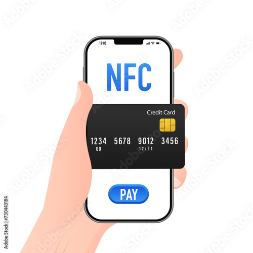 Concept of Payment for Purchases by Card, Online Shopping. NFC payment using smartphone mobile phone or card. Payment by credit card via e wallet wirelessly. Vector illustration