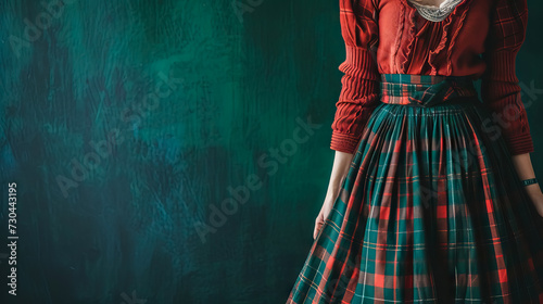 Scottish woman in tartan kilt on blue wall background with copy space for national tartan day - AI Generated