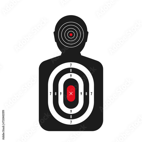Human targets in Black for Shooting Practice. Firearm and archery shooting range practicing human torso silhouette, sniping sport competition. Practicing aim firing. Vector illustration