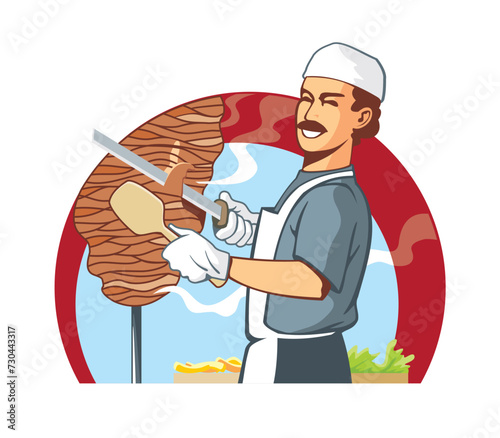 Chef at work, slicing doner kebab, preparing kebab wrap, comic style vector illustration