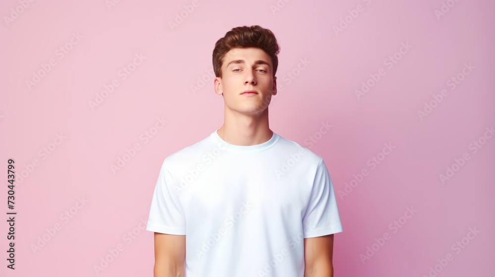A young man stands against a pink backdrop in a serene pose. The lighting is soft and even. Concept of serenity, tranquility, youth, well-being, simplicity.