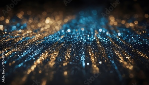 Background of abstract glitter lights. Gold, blue and black. De focused