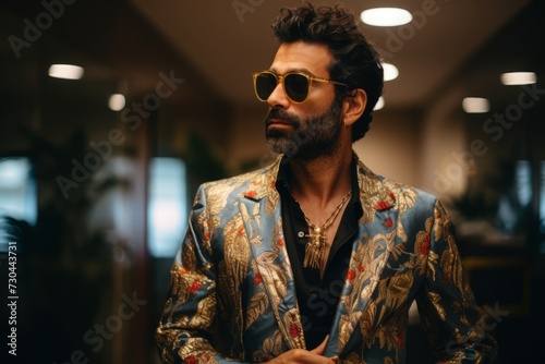 Handsome bearded man in gold jacket and sunglasses standing in hotel lobby