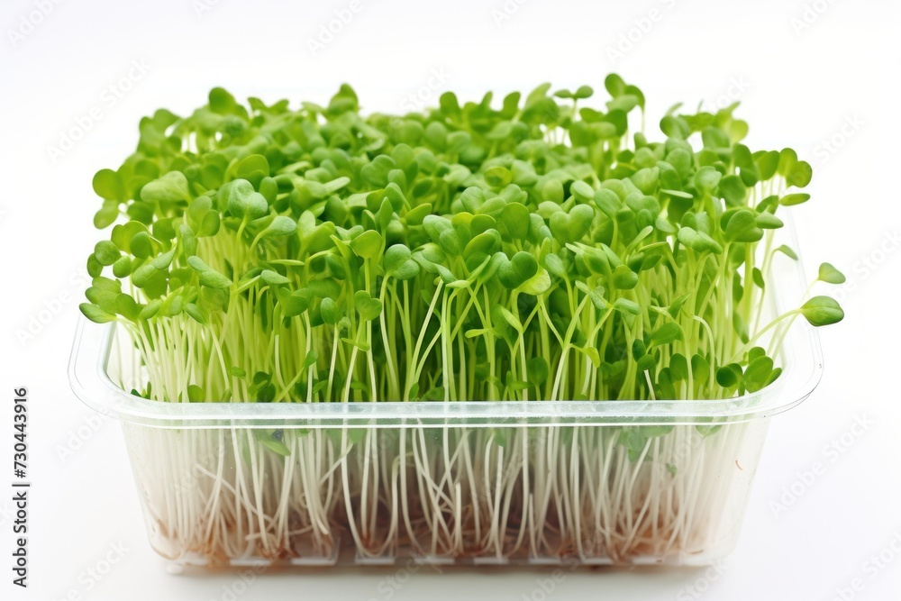 Young edible sprouts in a clear container, symbol of health food. Fresh microgreens. On white background. Concept of healthy eating, urban gardening, sustainable food, plant growth. Young edible sprouts in a clear container, symbol of health food. Fresh microgreens. On white background. Concept of healthy eating, urban gardening, sustainable food, plant growth.