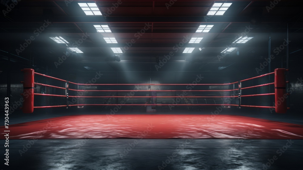 Illuminated empty red boxing ring. Concept of sports, competition, boxing, combat sports, training Sessions - obrazy, fototapety, plakaty 