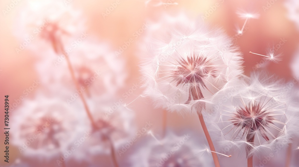 Dandelion close up with sunlight creating a bright, dreamy atmosphere. Concept of beauty of nature, dandelion seeds, abstract background, serene and calmness